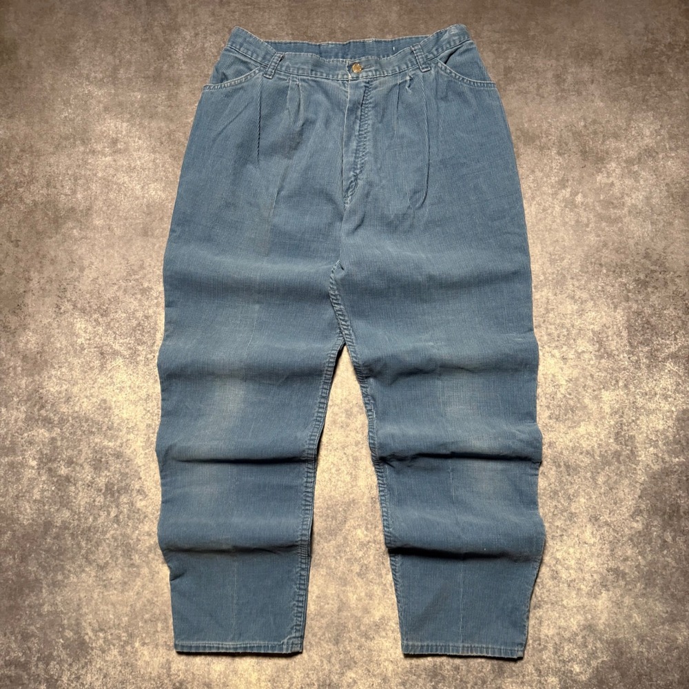 Vintage Rustler Wrangler Blue Corduroy Pants High Waisted Pleated Tapered USA 10